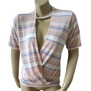 BKE Red Faux Wrap Top Womens Small Striped Surplice Keyhole V Neck Short Sleeve